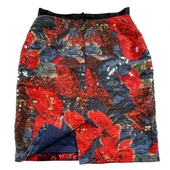Anthropologie 🌸 Wolven Sequin Sugared Fleur Skirt Blue Red Size 4 - Picture 5 of 8